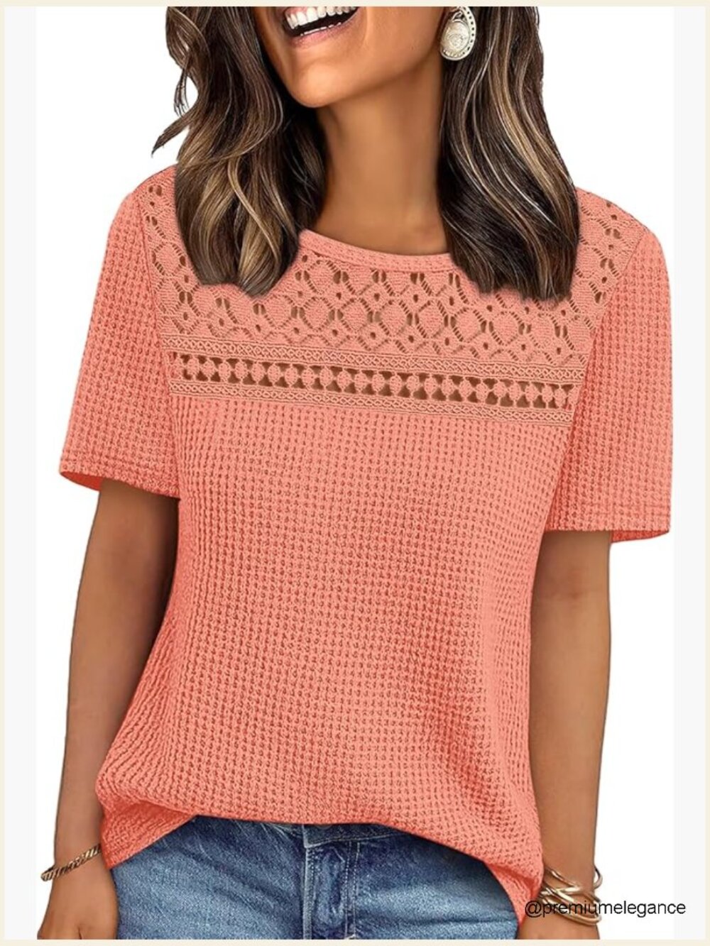 Dressy Casual Short Sleeve Boho Crochet Lace Waffle Knit Plus Size Top